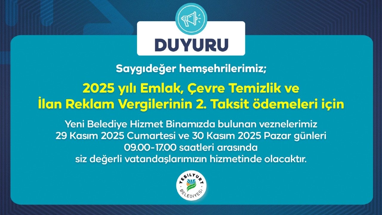 Yeşilyurt Belediye Vezneleri, Hafta Sonu Hizmet Verecek